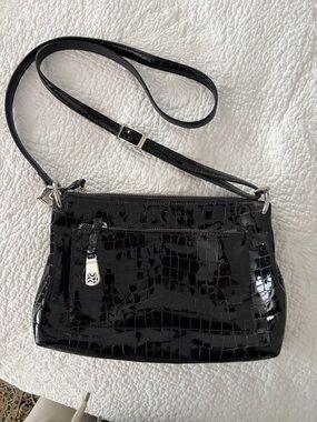 Brighton, luxury brand,  black patent croc-embossed leather crossbody bag